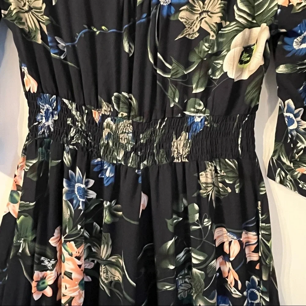NWOT Floral Dress Navy Button Front Tassel Tie Smocked Waist Sm Cottagecore Boho